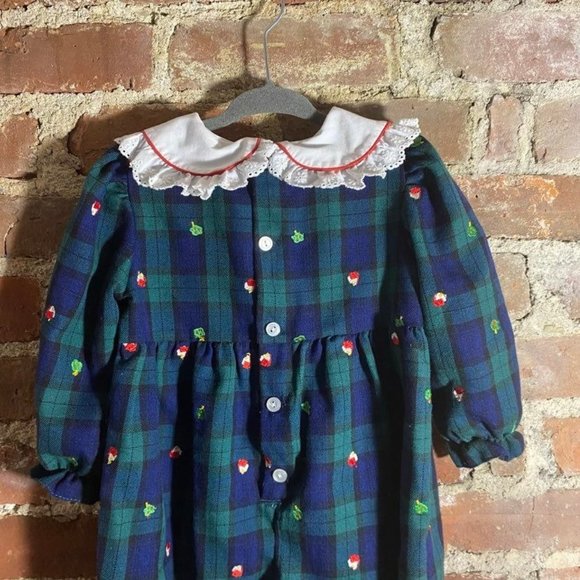 Vintage Glen Plaid Romper Bubble Lace Collar Apple Embroidery 18m - Picture 9 of 12